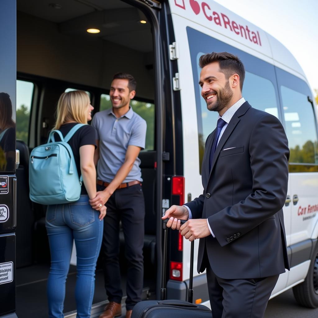 Car rental shuttle driver assisting passenger with luggage