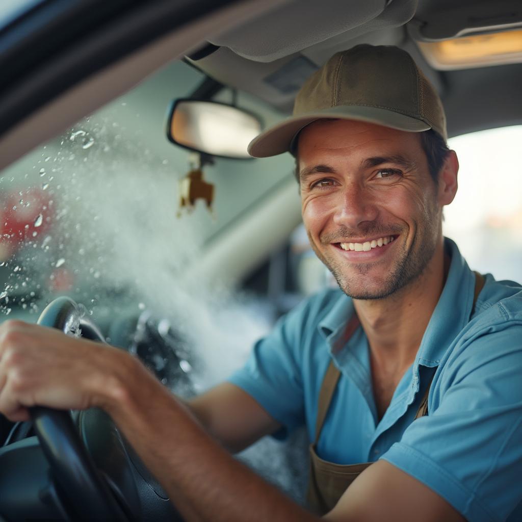 Smiling car wash attendant expressing gratitude.