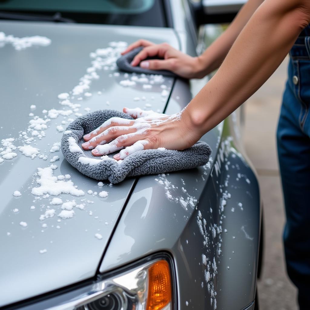 Washing a car with a microfiber mitt