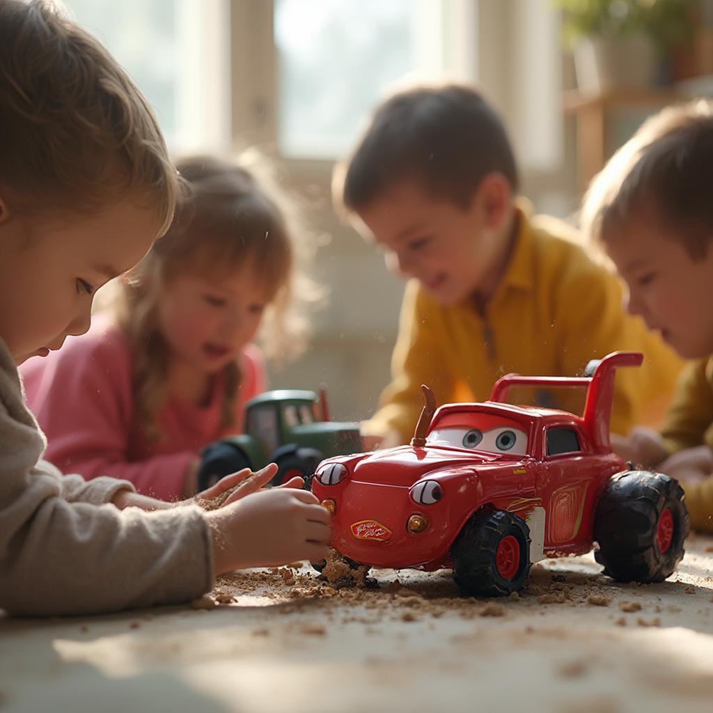 Children Playing with Cars 2 Toys and Recreating the Tractor Tipping Scene