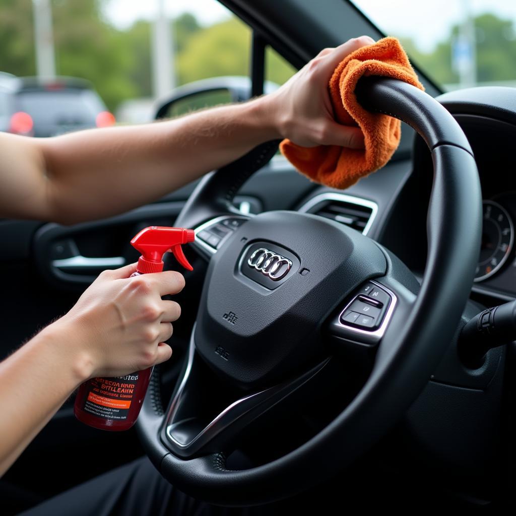 Cleaning the car interior with a microfiber cloth