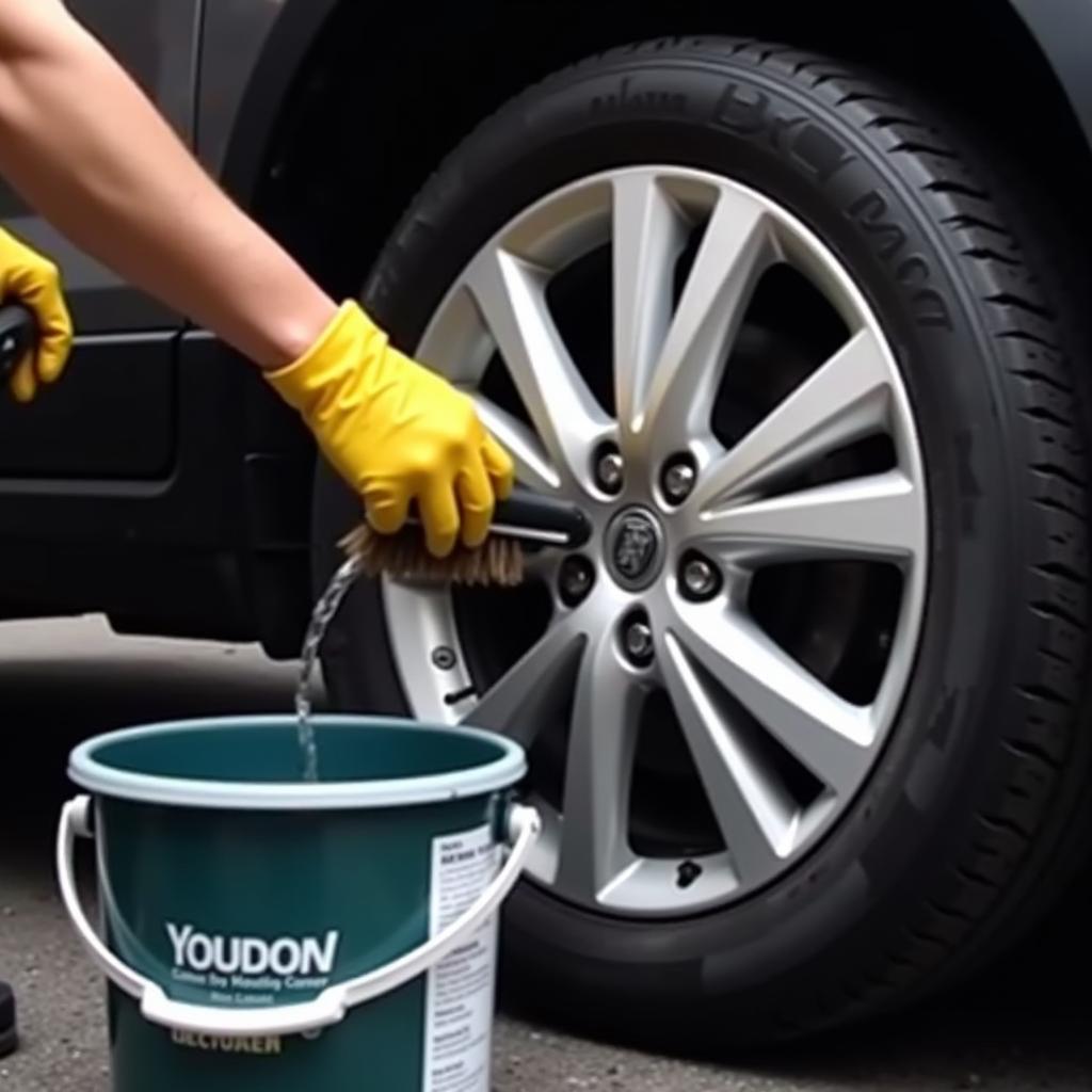  Cleaning car wheels with a brush and dedicated wheel cleaner