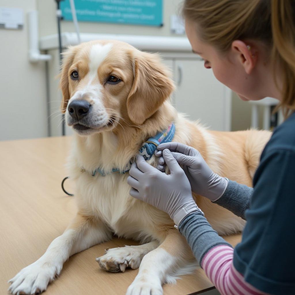 A dog calmly receiving medication at doggie day care, demonstrating the extra care sometimes required.