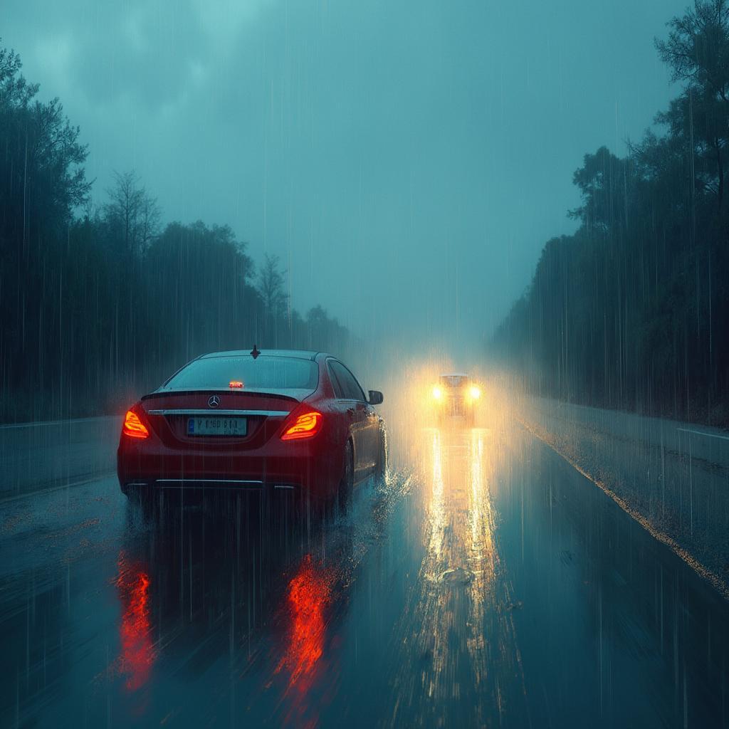 Car driving in heavy rain, maintaining a safe following distance from the car ahead.