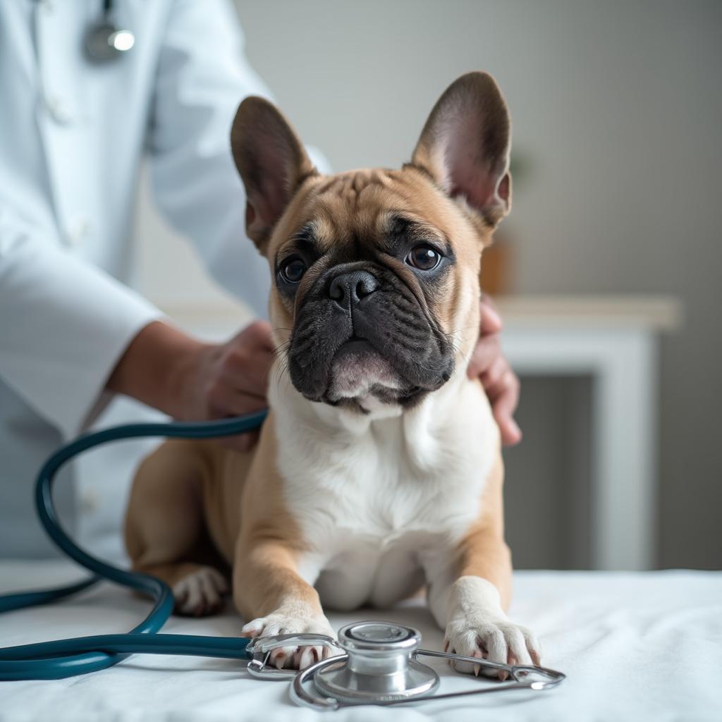 French Bulldog at the veterinarian's office for a checkup.