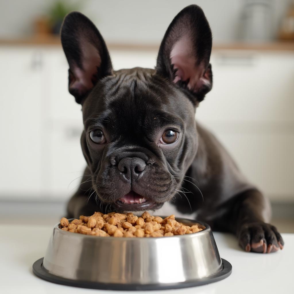 French Bulldog eating healthy dog food from a bowl.