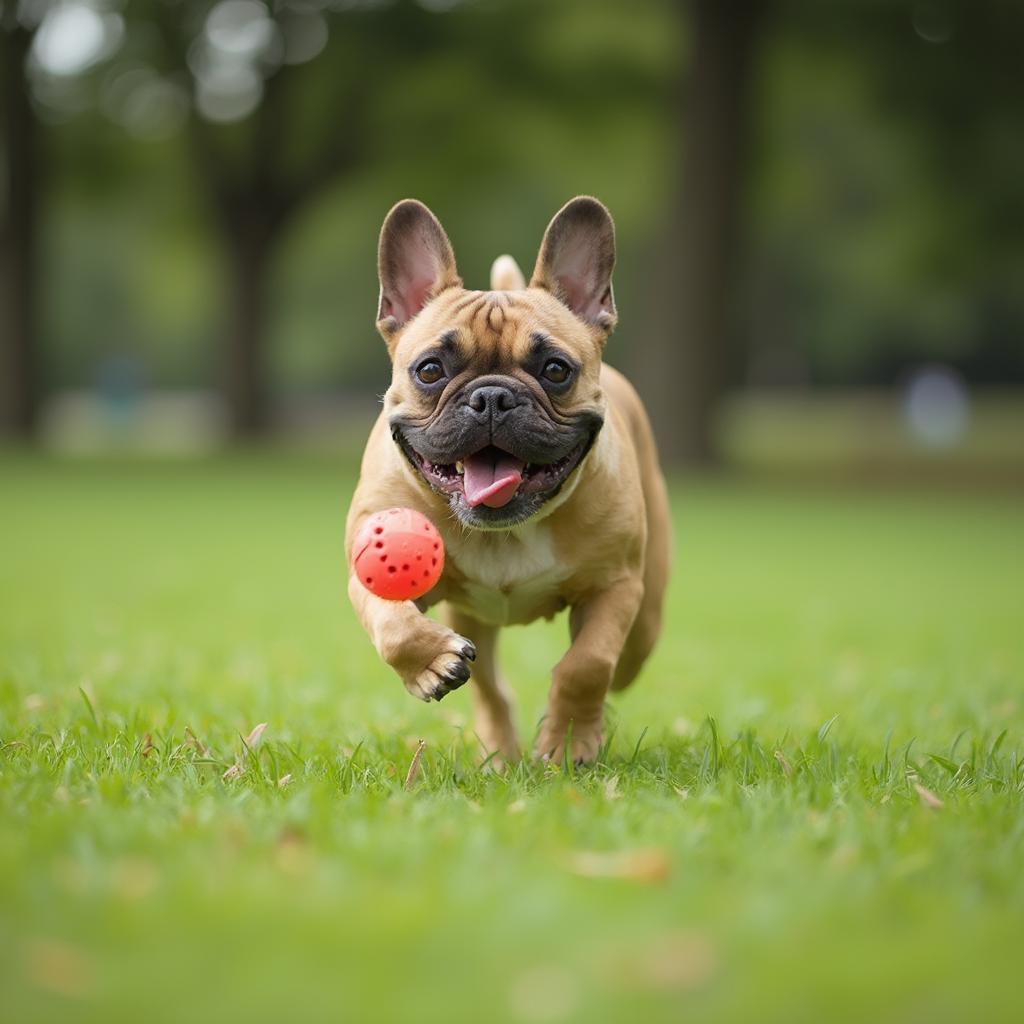 French Bulldog playing fetch with a toy in a grassy park.