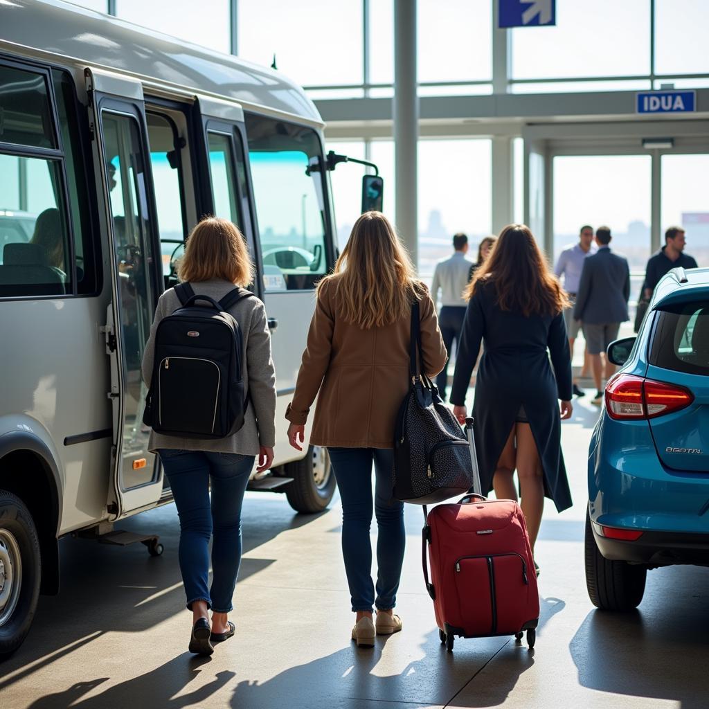 Passengers exiting a car rental shuttle at the airport