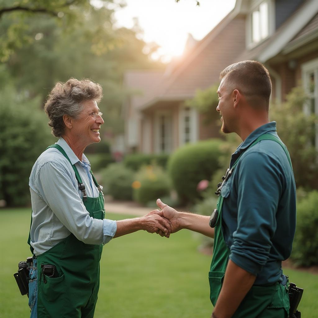 Happy Homeowner Tipping Lawn Care Worker