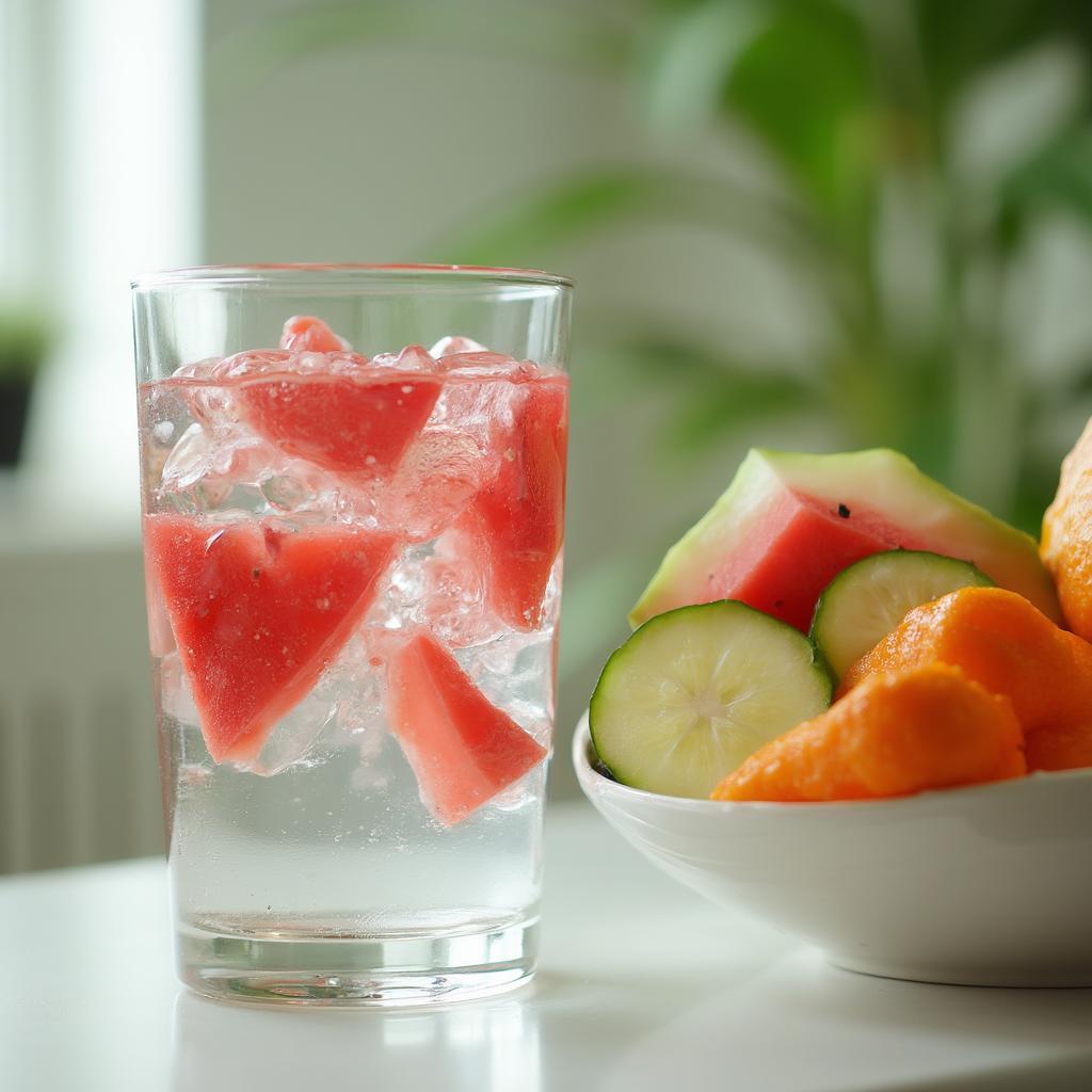 Hydration tips for singers: water bottle, fruits, and vegetables