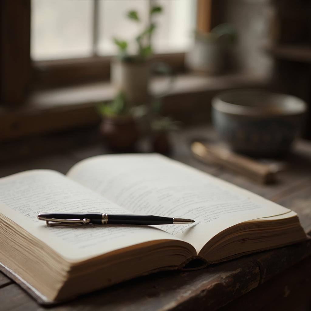 Journal and Pen on Wooden Table