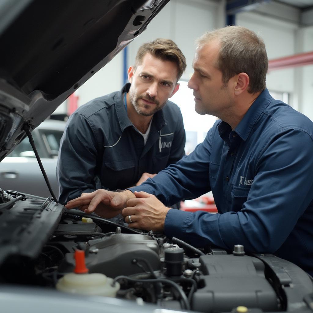 Mechanic explaining car repair to a customer