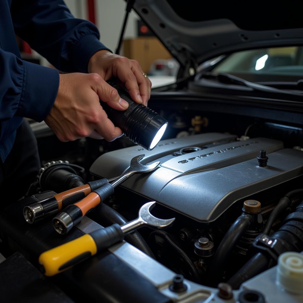 Mechanic Inspecting Engine at Auction