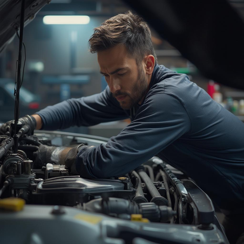 Mechanic meticulously repairing a car engine