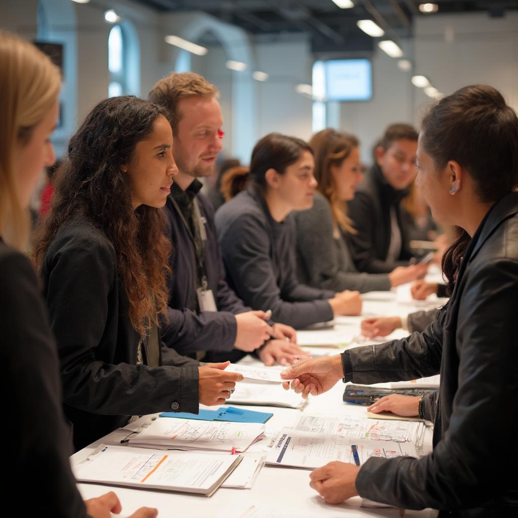 Networking at the MSU Career Fair: Students engaging in conversations with recruiters, exchanging business cards, and showcasing their resumes.