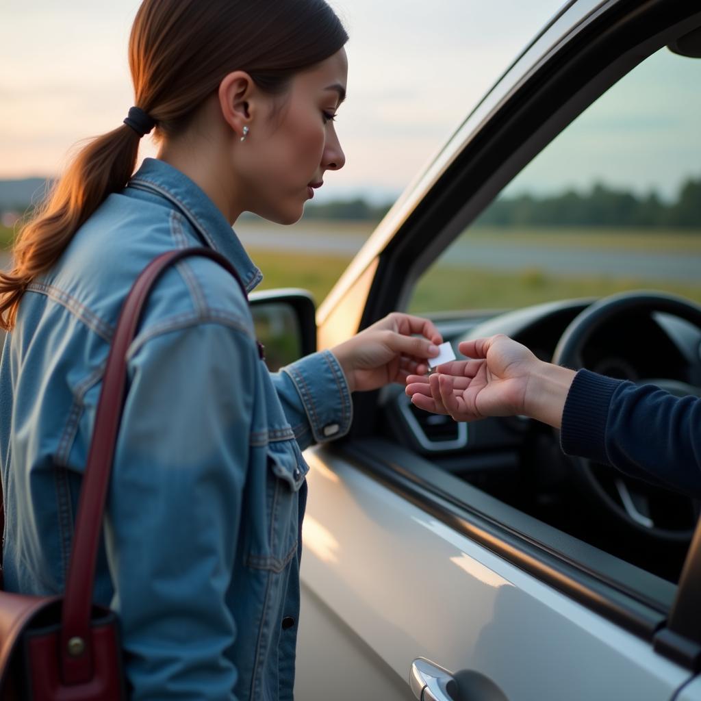 Passenger handing a tip to the car rental shuttle driver