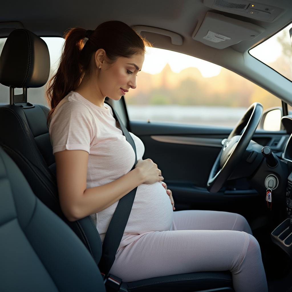 Pregnant woman adjusting her seatbelt