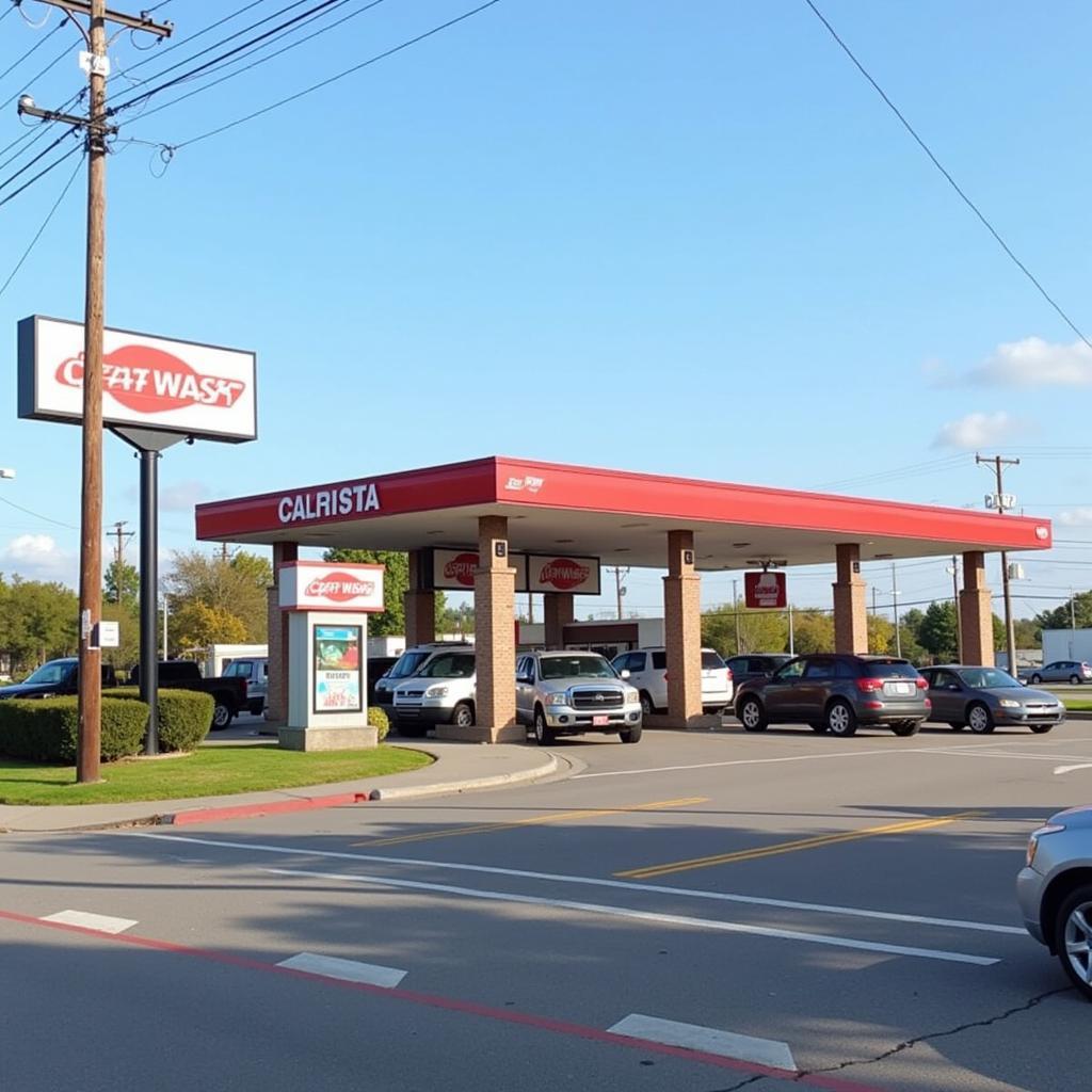 Car wash situated on a busy street corner with high visibility