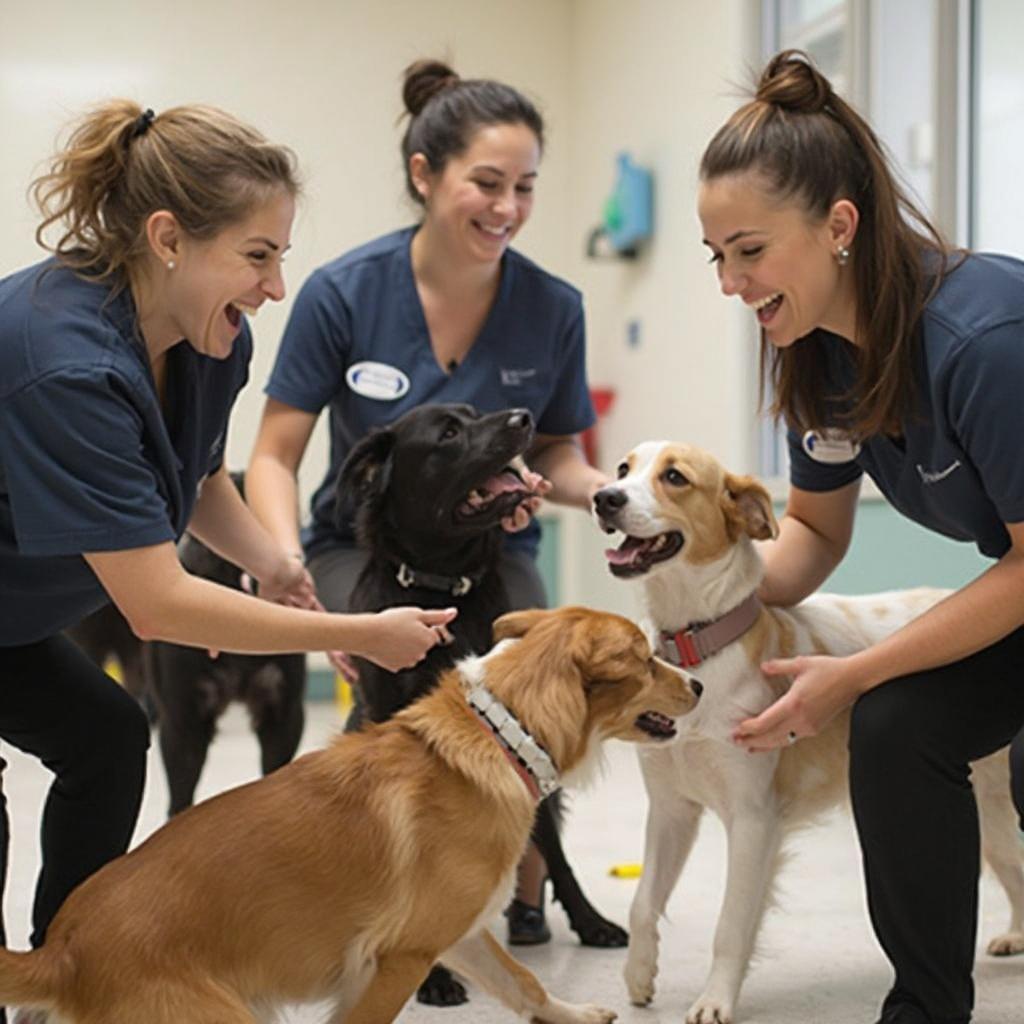 Doggie day care staff playing with dogs, showcasing the dedication and care they provide.