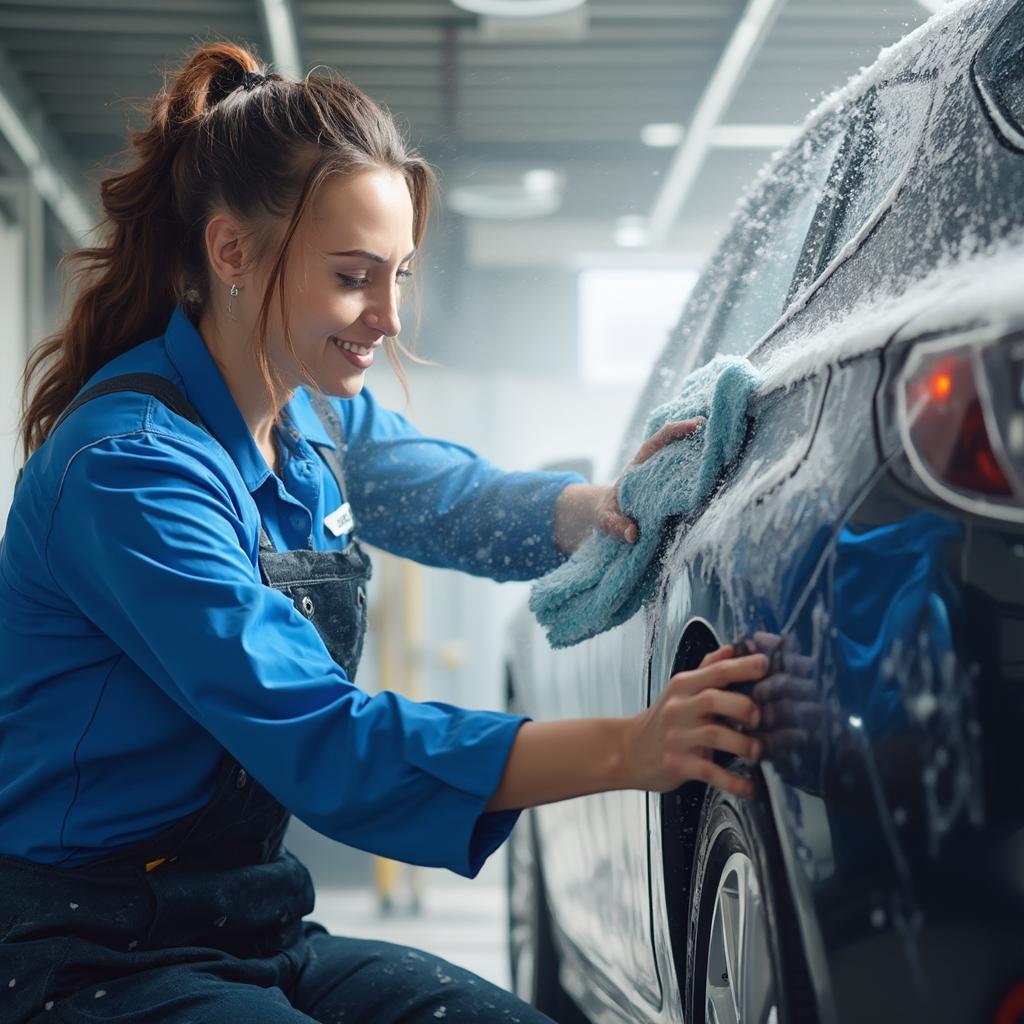 Synergy Car Wash employee diligently drying a car after a wash