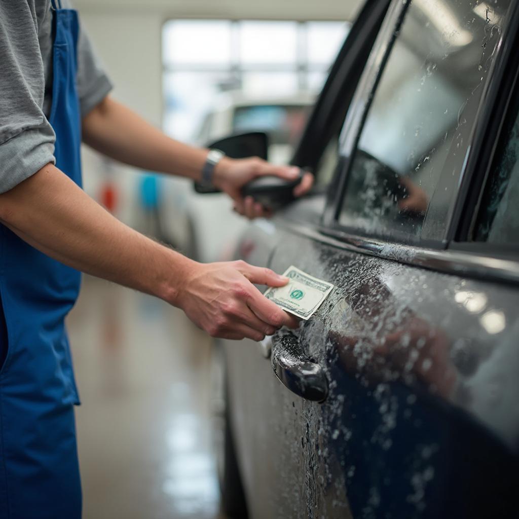 Customer handing cash tip to a car wash attendant.