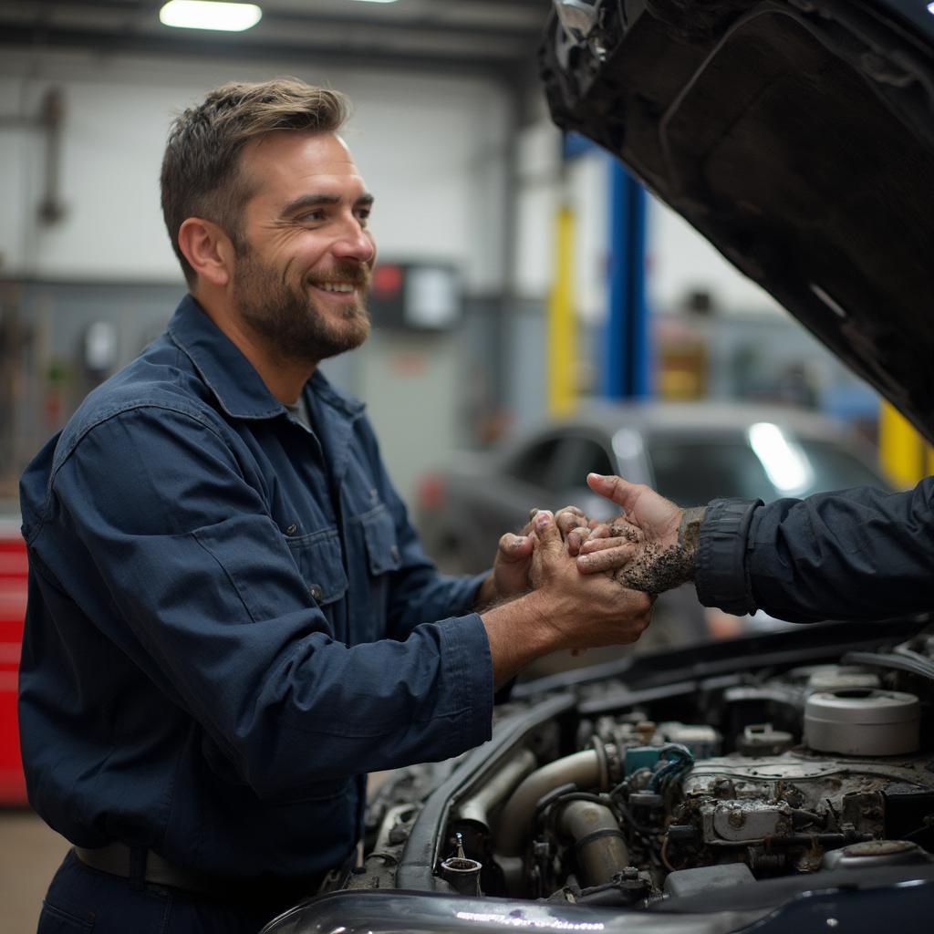 Mechanic receiving tip after a complex car repair