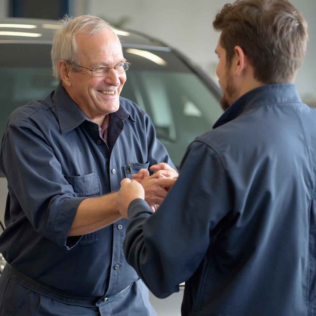 Mechanic receiving a tip from a satisfied customer