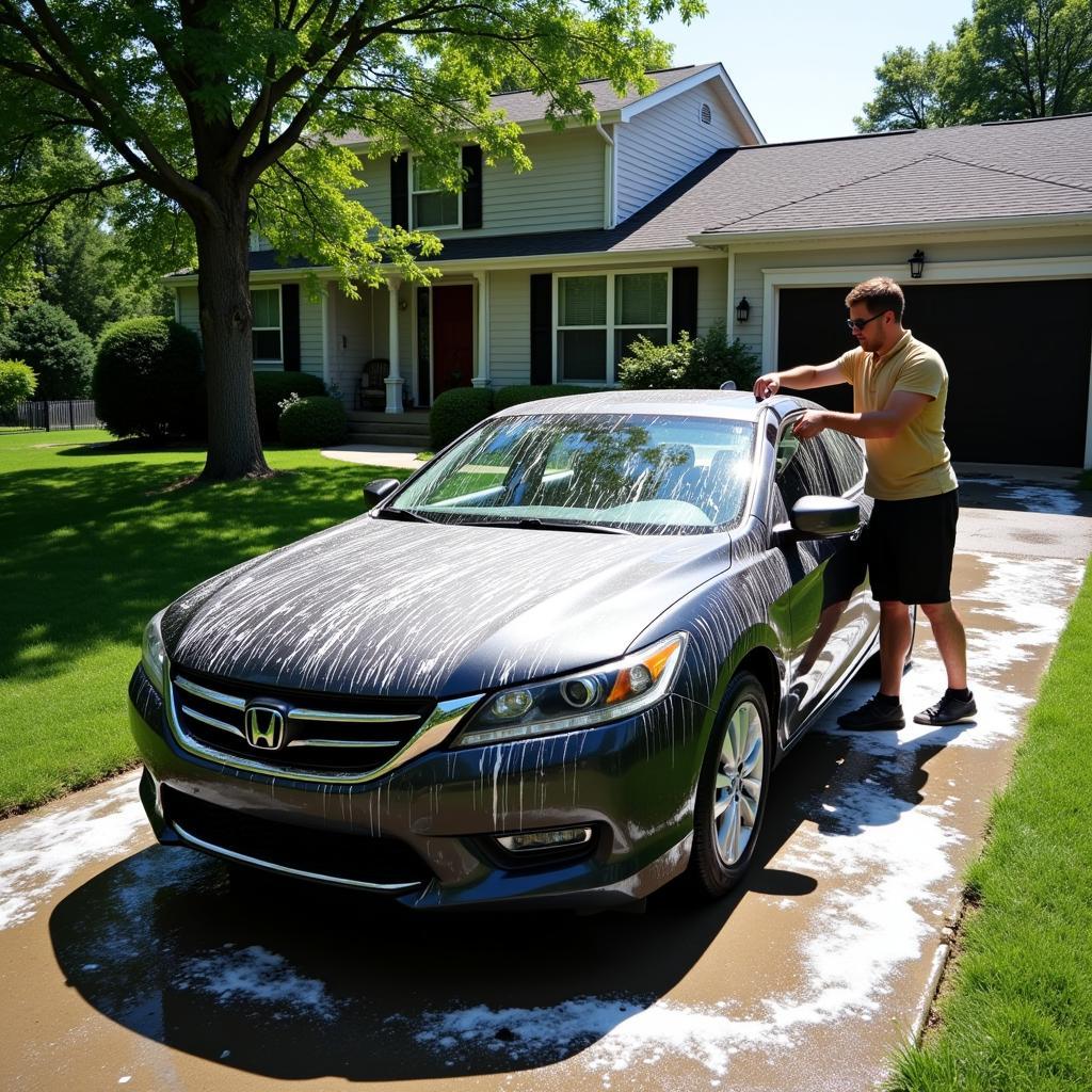 Washing a car in a shaded area