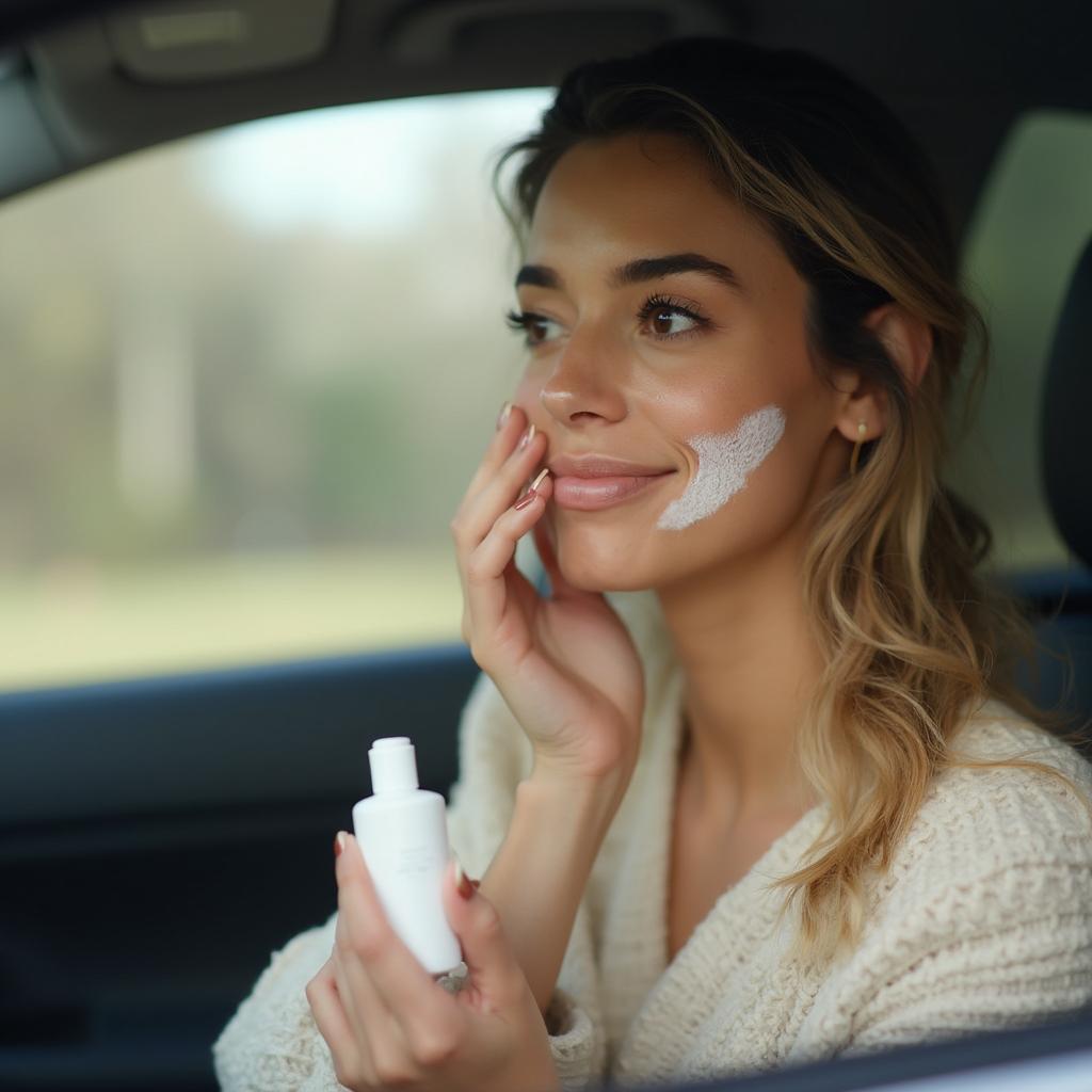 Woman Applying Moisturizer in Car