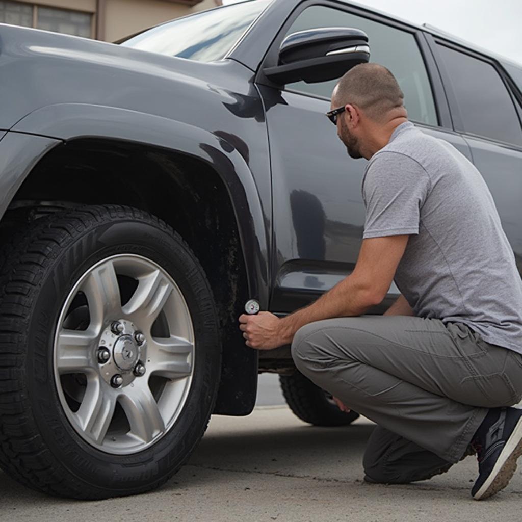 Checking tire pressure on a 4Runner before a road trip