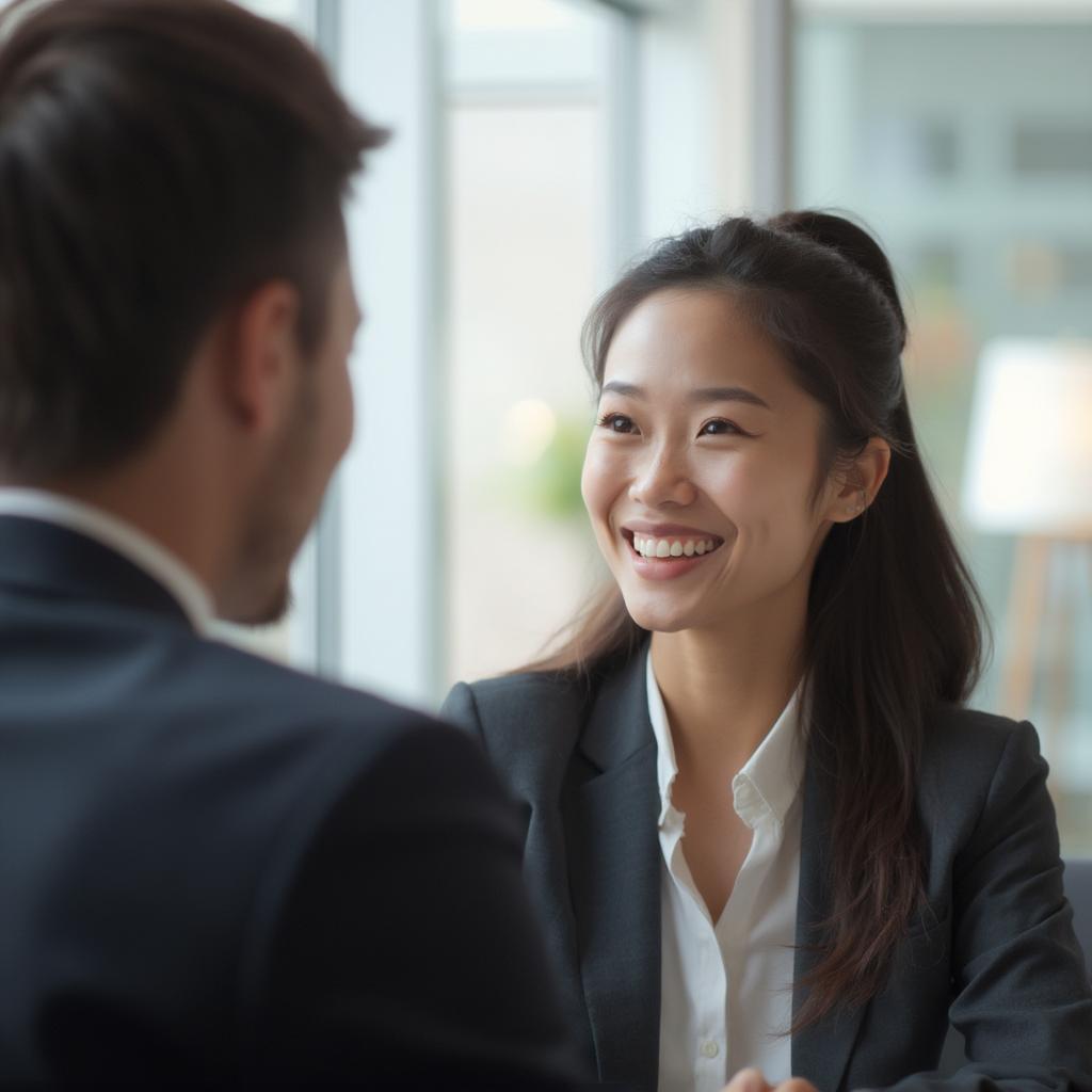 A job candidate confidently answering questions during an interview