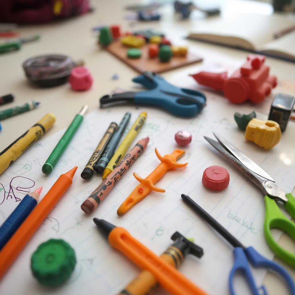 Adaptive tools like chunky crayons, large handled scissors, and specialized grips