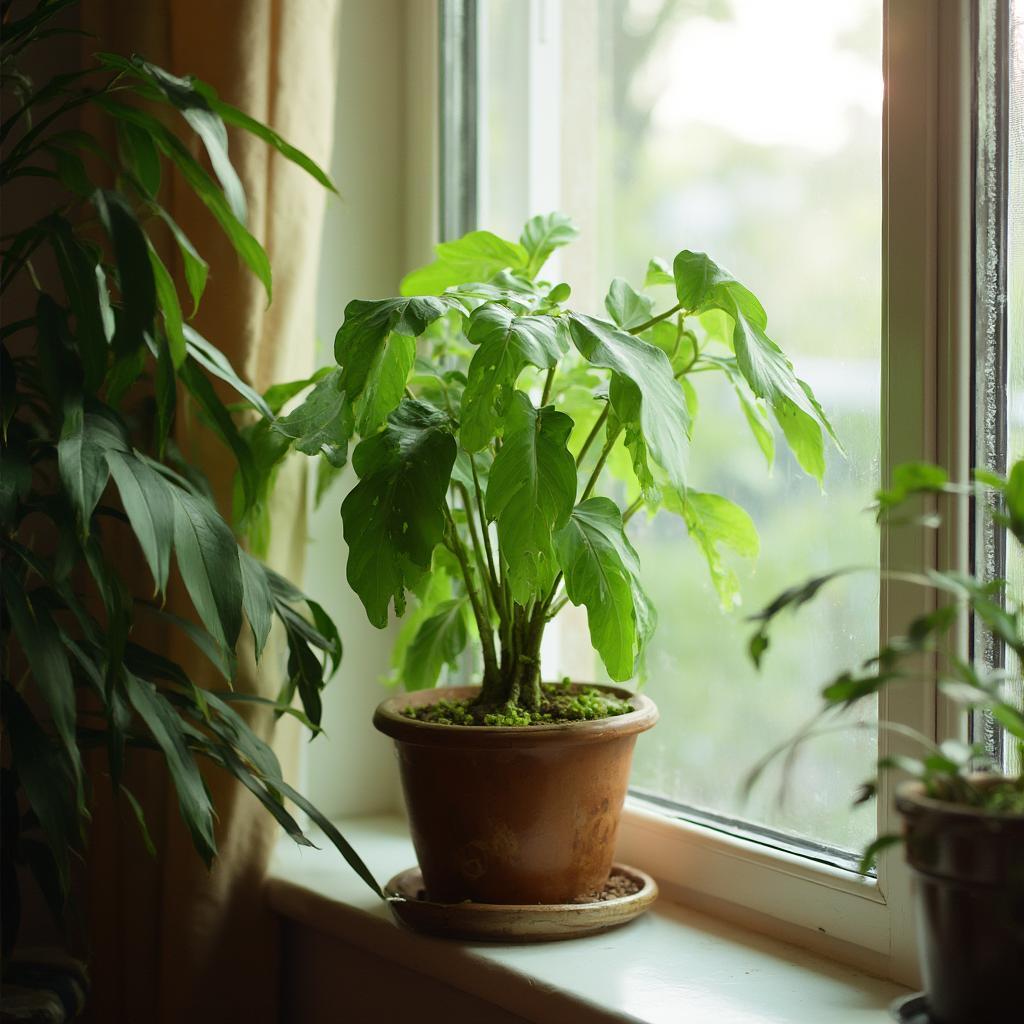 African Mask Plant Thriving in Ideal Lighting Conditions