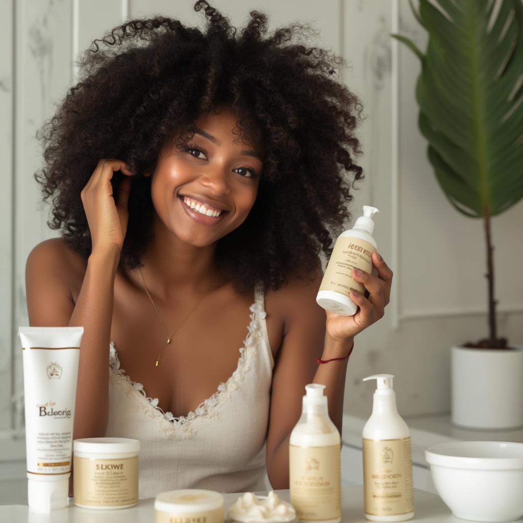 A woman with beautiful, healthy afro hair following a care routine.