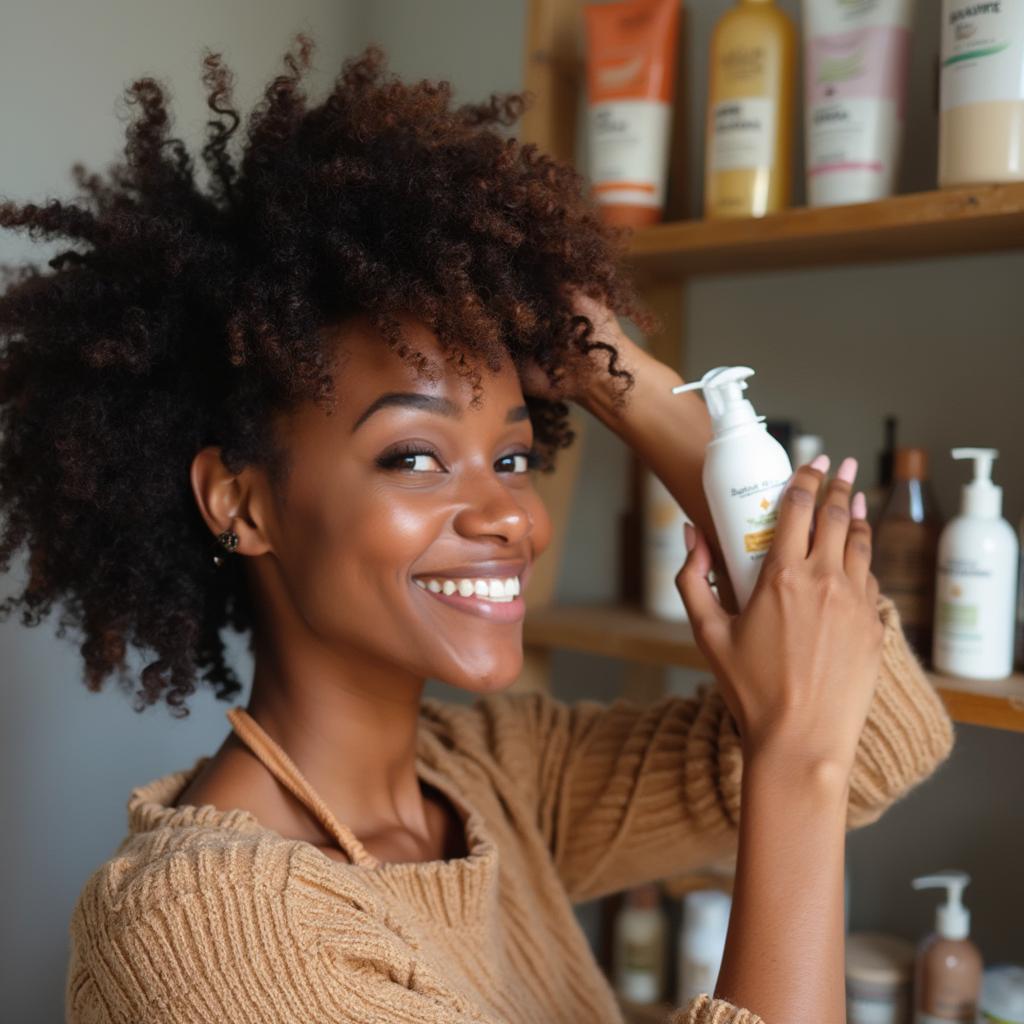 A woman with beautiful afro hair following a hair care routine