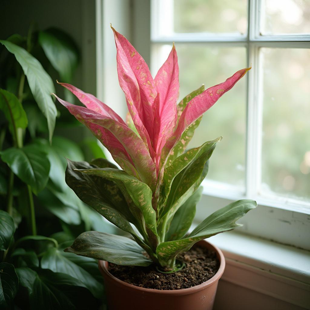 Aglaonema pink thriving in bright indirect light