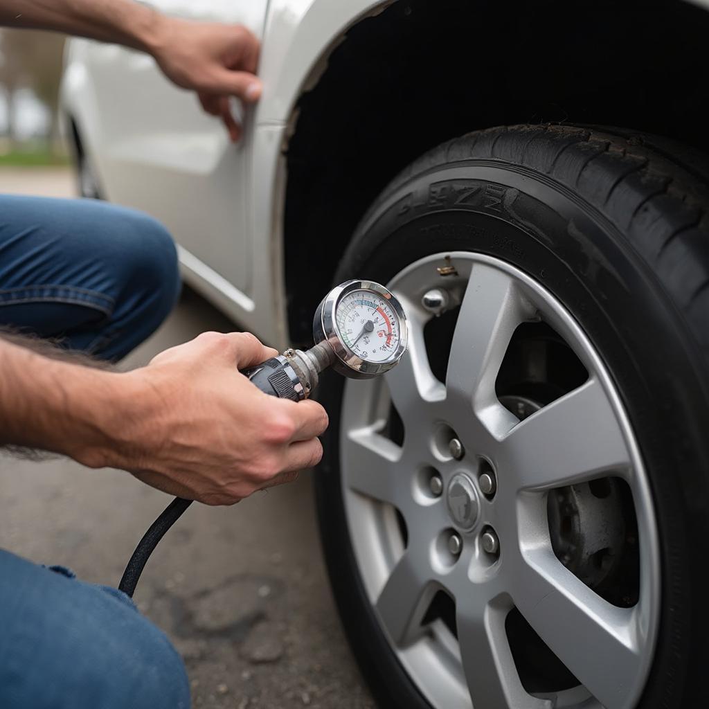 Checking tire pressure on a Suzuki Alto