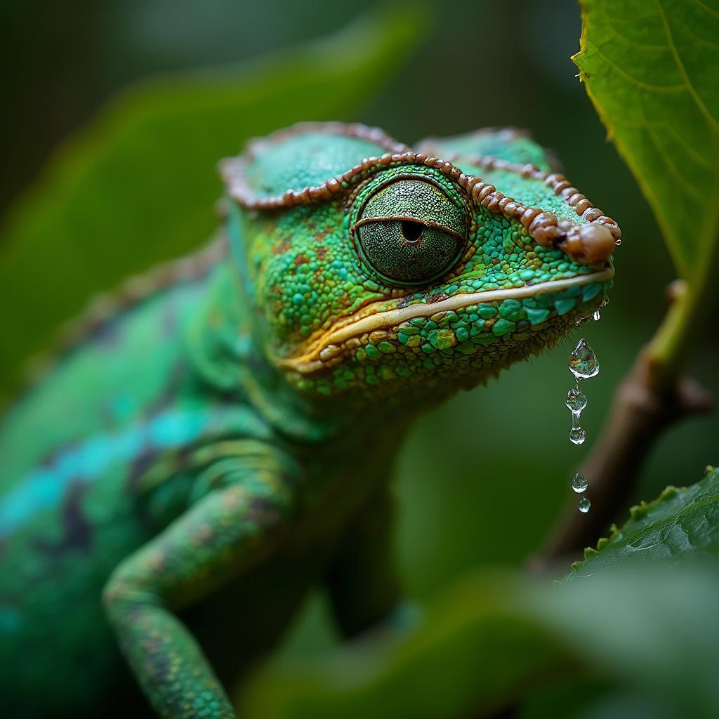 Ambilobe Panther Chameleon Drinking Water Droplets