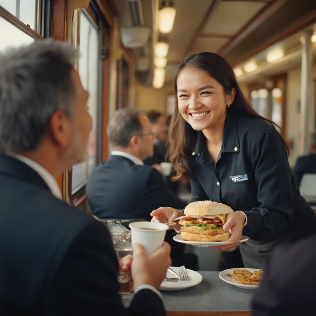 Amtrak Cafe Car Service Attendant Serving Passengers