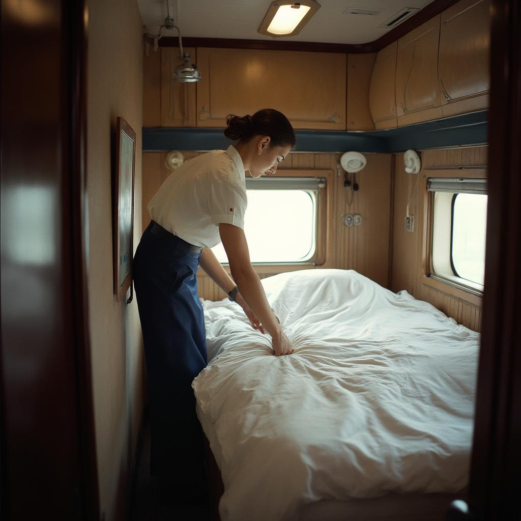 Amtrak Sleeper Car Attendant Making Bed