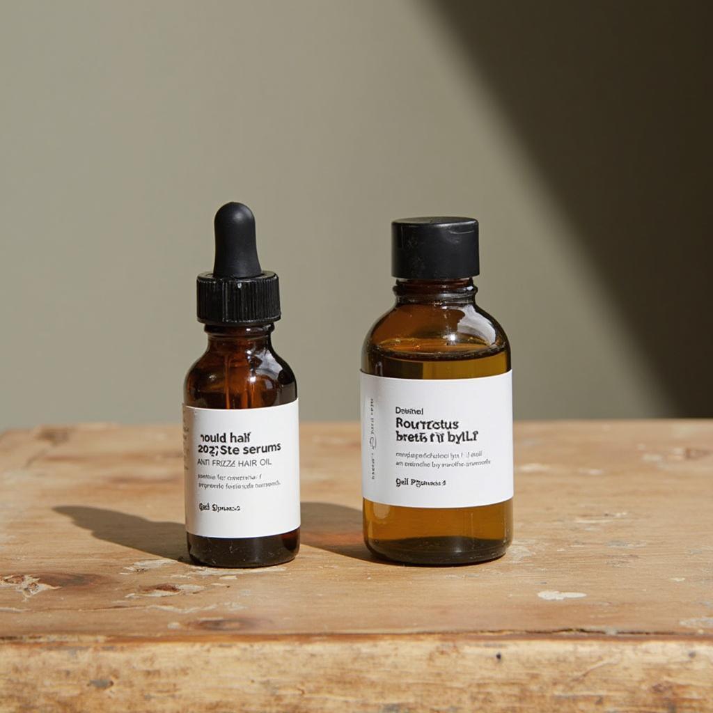 Bottles of anti-frizz serum and hair oil on a wooden table