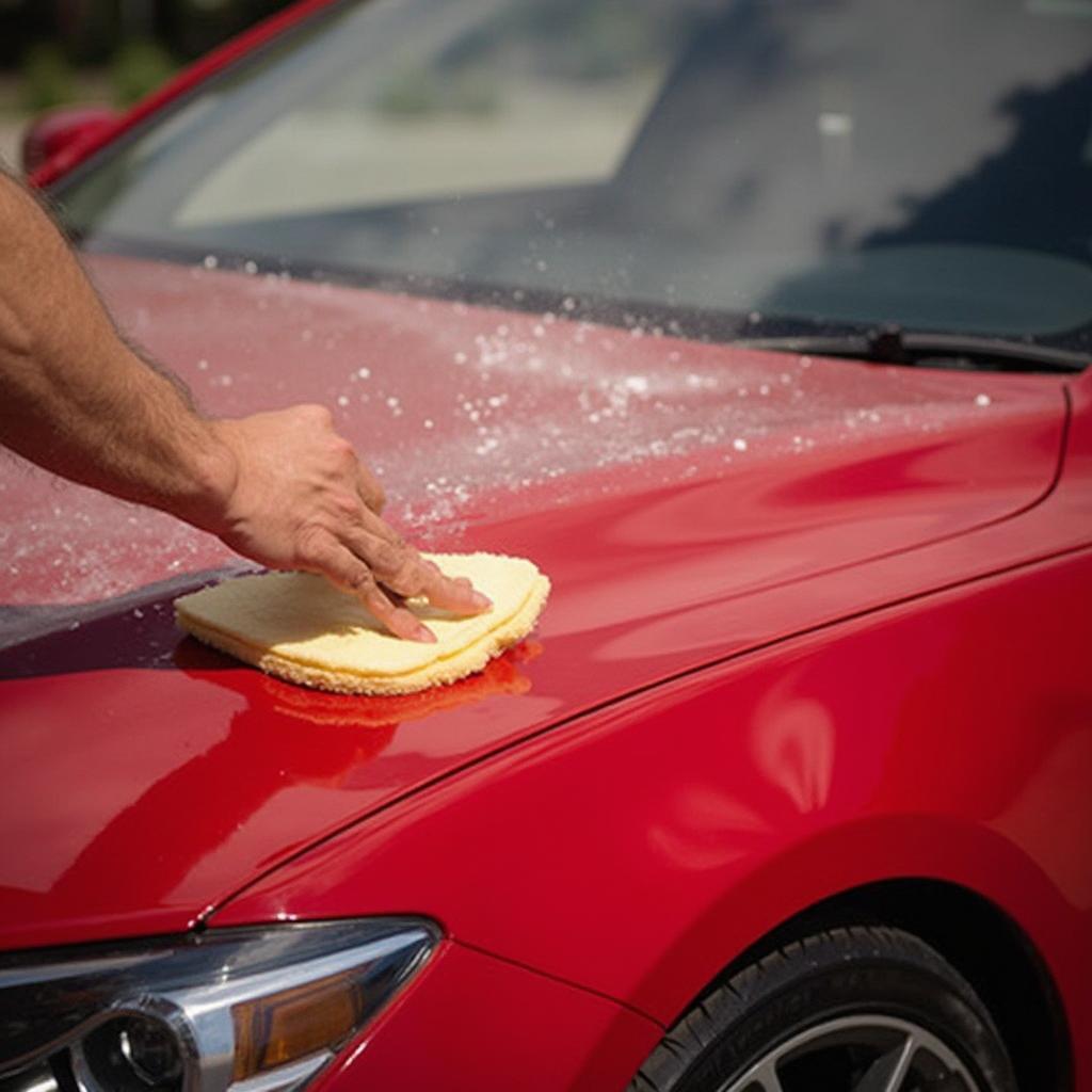 Applying car wax with a foam applicator on a red car