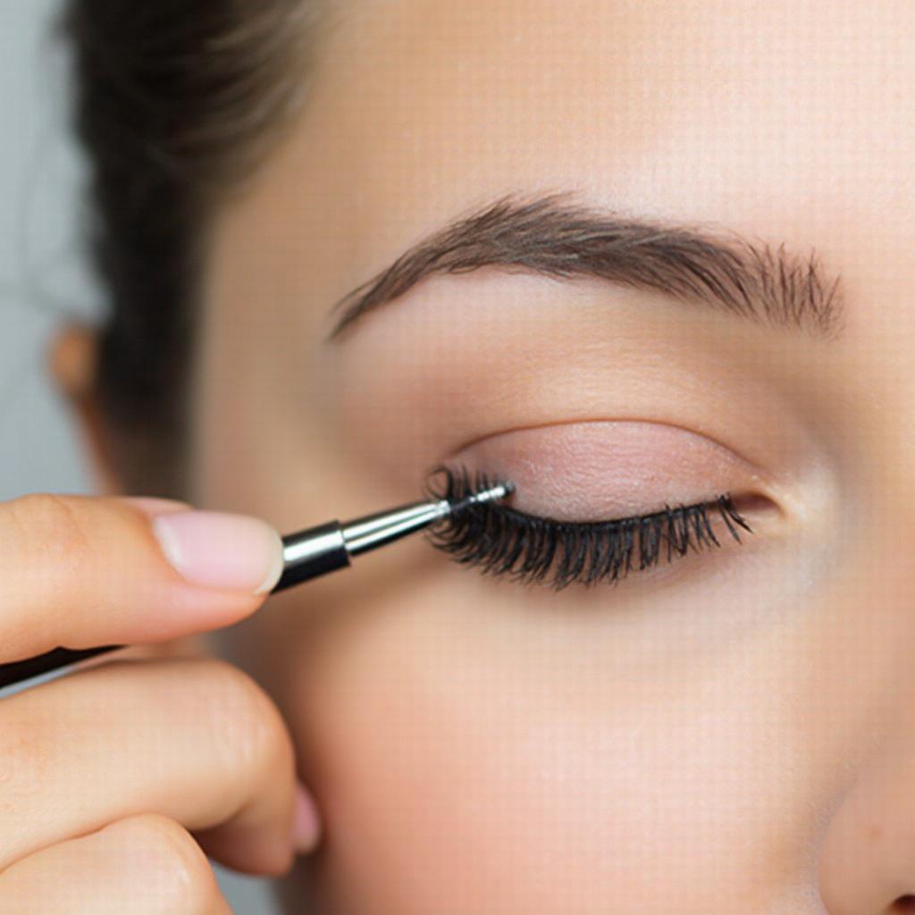 Applying fake eyelashes with tweezers