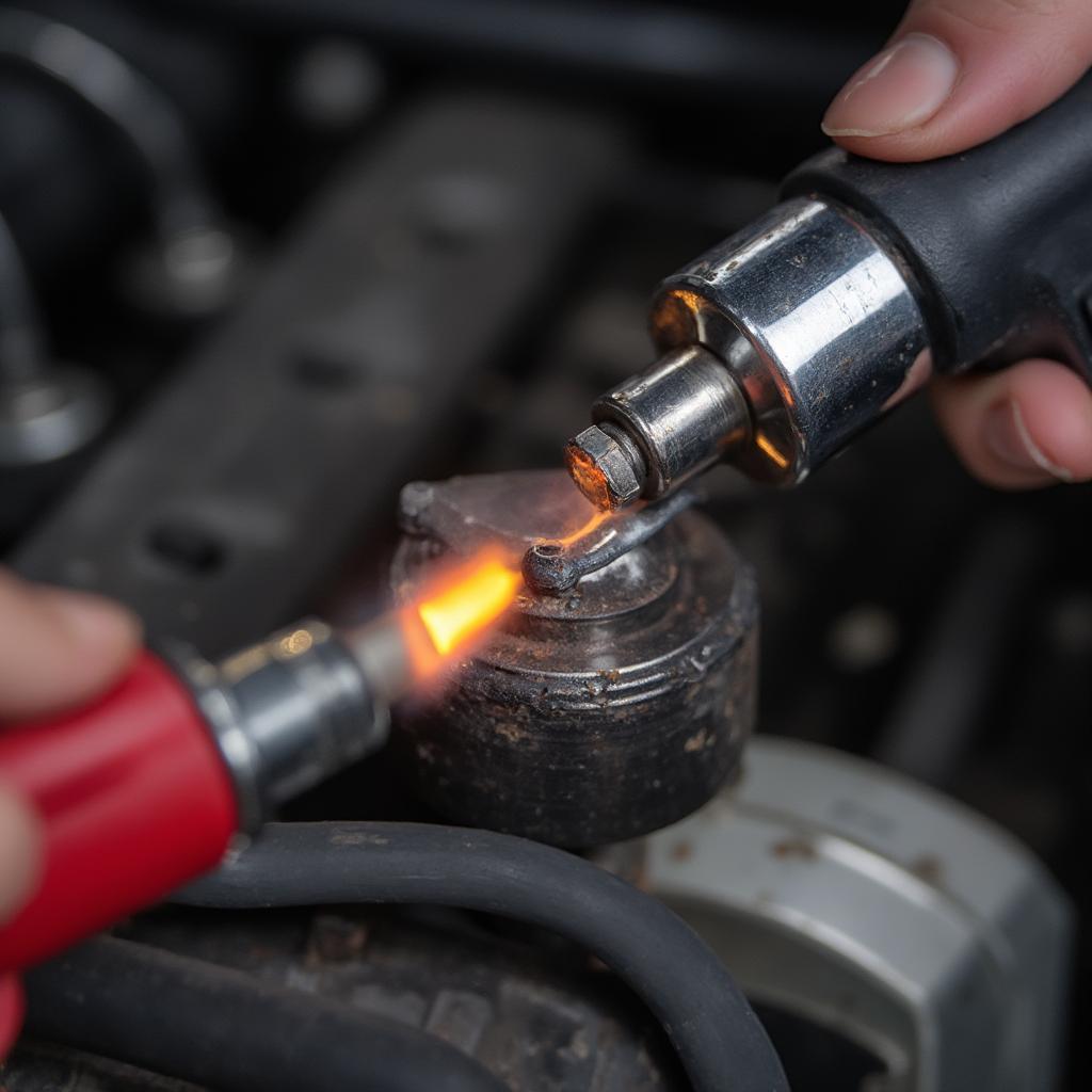 Applying heat to a seized bolt with a propane torch