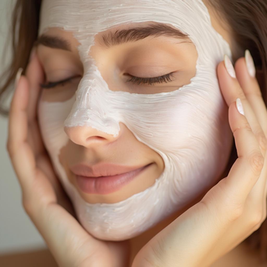 Applying a hydrating face mask for glowing skin.