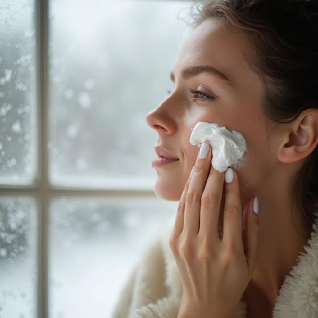 Applying moisturizer to face during winter