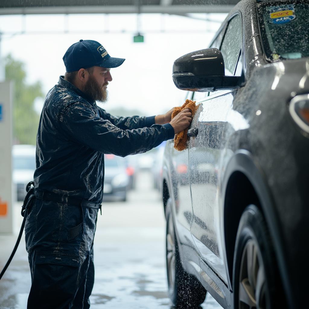 Car wash attendant wiping down a car after an automatic wash