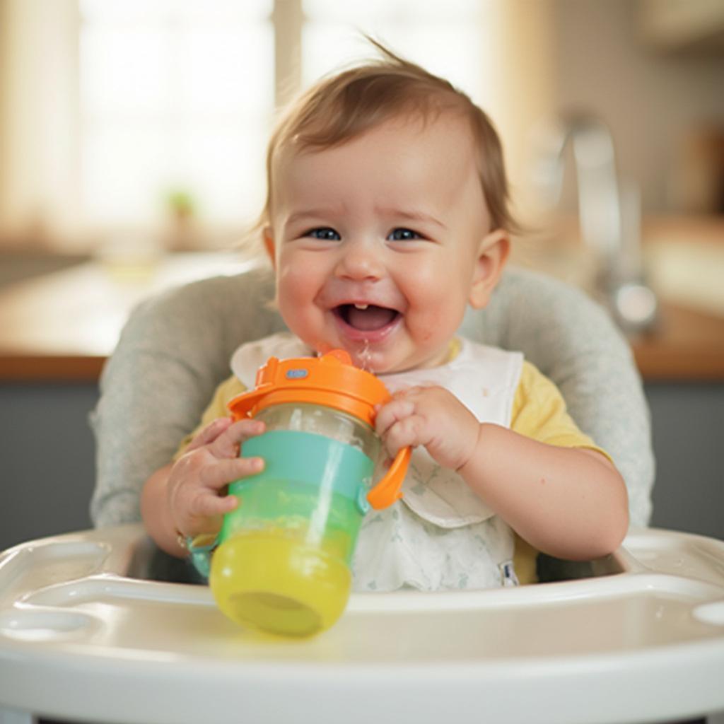 Baby drinking water from a sippy cup