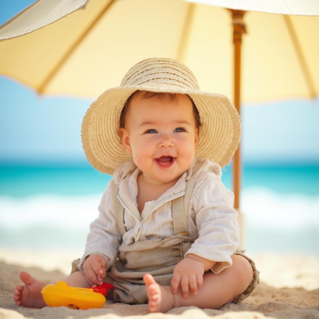 Protecting baby's skin from the sun.  An image showing a baby wearing a hat and protective clothing outdoors.