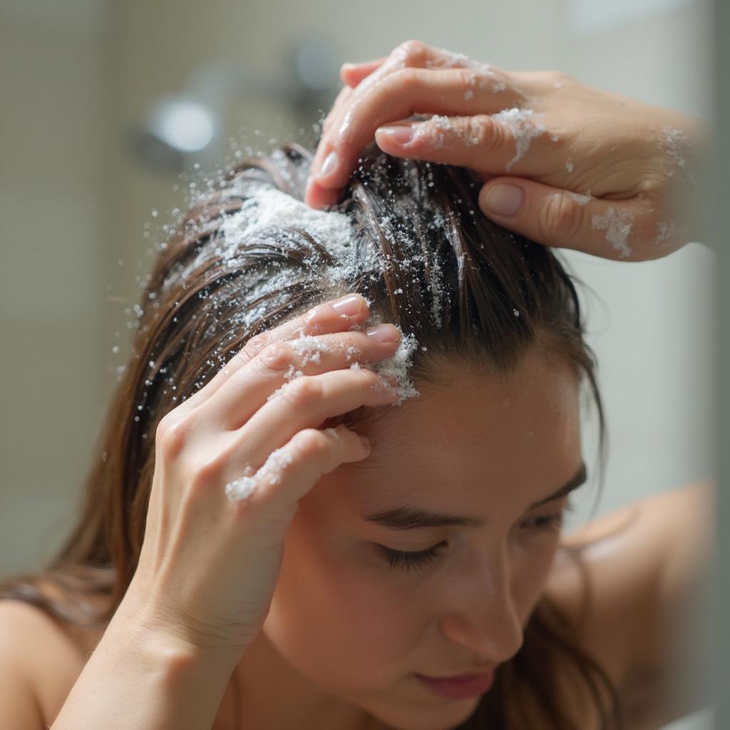 Applying baking soda to scalp for dandruff treatment